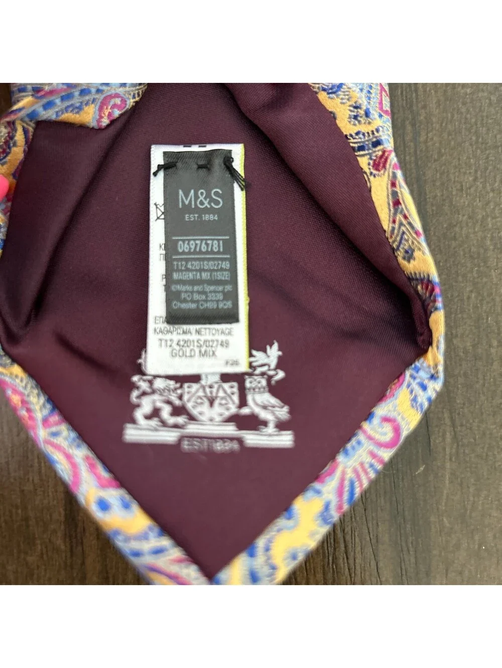 M&S Vintage Y2K 90s Silk Paisley Tie Gold Blue Pink Floral